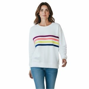 Lou & Grey Women Rainbow Stripe Cozy Cotton Terry Sweatshirt S White Long Sleeve